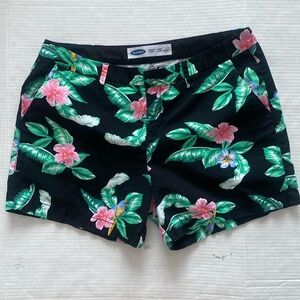 OLD NAVY Cotton everyday floral pink & green print shorts w belt loops SIZE 12